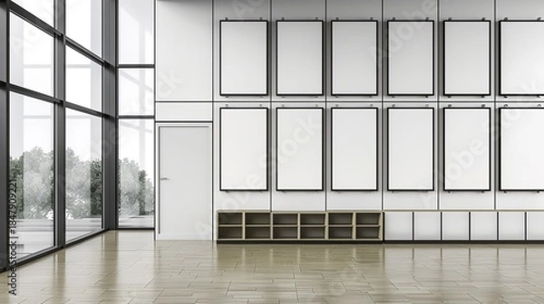Obraz Modern interior space with blank framed panels and large windows