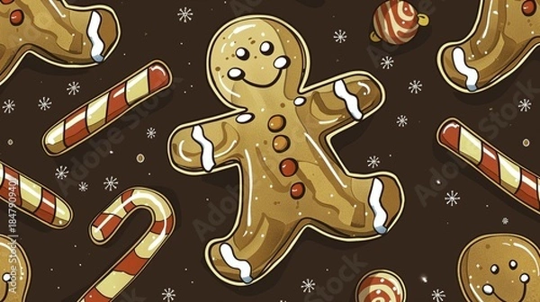 Obraz Gingerbread man and candy canes on a festive holiday background with snowflakes