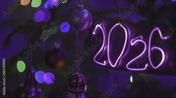 Obraz Neon '2026' sign with hanging ornaments and colorful bokeh lights in a festive setting