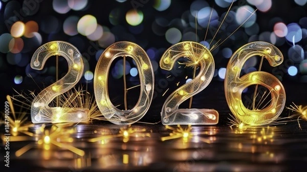 Obraz Golden illuminated numbers 2026 with sparklers and bokeh lights on a reflective surface