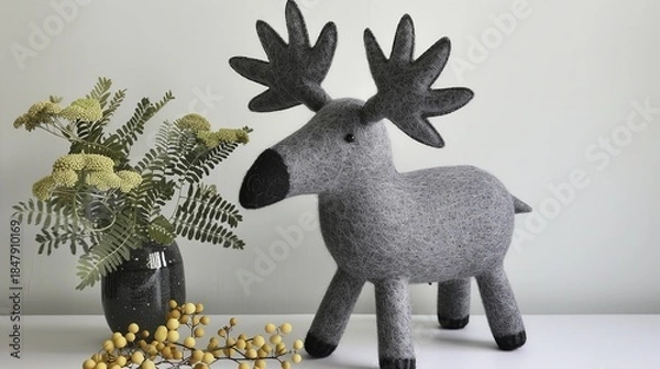 Obraz Felt moose decoration with dried flowers and berries on a white surface