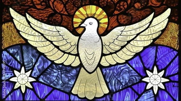 Obraz Stained glass window depicting a white dove with outstretched wings, radiant halo, and star motifs on a blue background