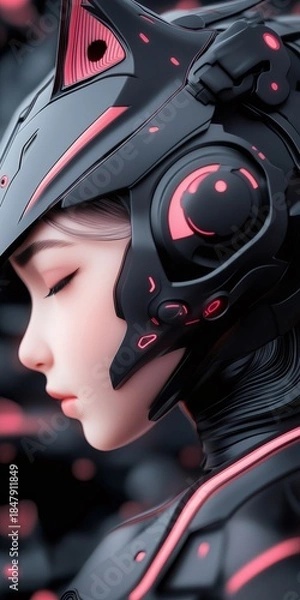 Obraz Gamer girl in cyberpunk helmet with cat ears or nekomimi