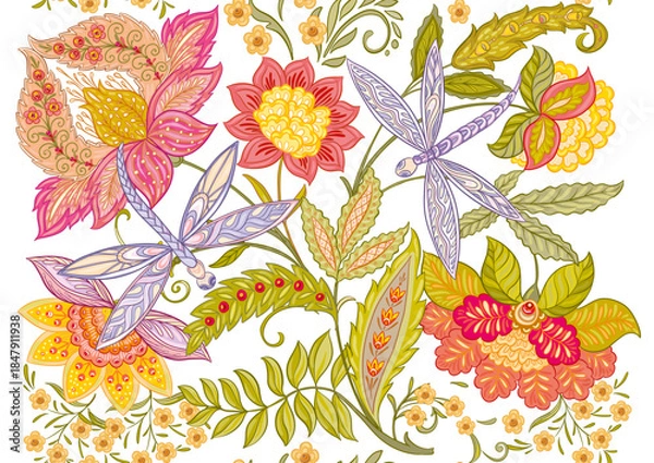 Obraz Fantasy flowers and dragonflies in retro, vintage, jacobean embroidery style. Seamless pattern, background. Vector illustration.