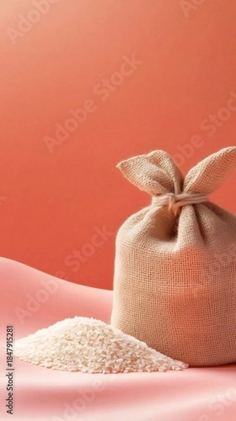 Obraz Vertical agriculture background featuring sack of rice with copy space