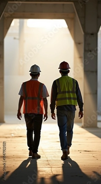 Obraz Two construction workers walking in a tunnel with a bright light