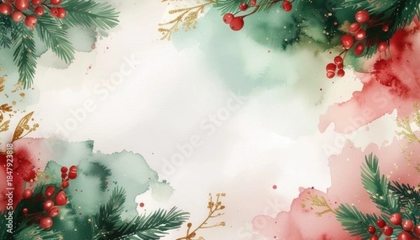 Obraz Vibrant Christmas border with lush greenery and red berries on white