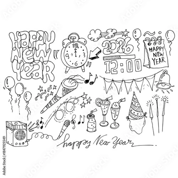 Obraz Happy New Year 2026, doodle vector