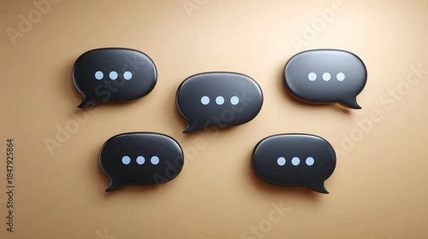 Fototapeta Five black speech bubbles with dots symbolizing digital communication and shared ideas