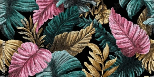 Fototapeta Tropical leaf pattern with vibrant colors on black background