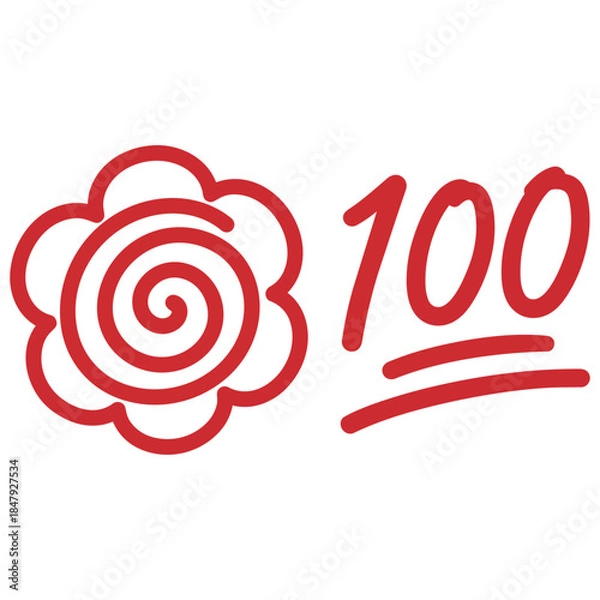 Fototapeta 赤で描かれた花丸と１００点のマークがくるくると喜びと称賛で祝う　努力が実った瞬間や前向きな評価