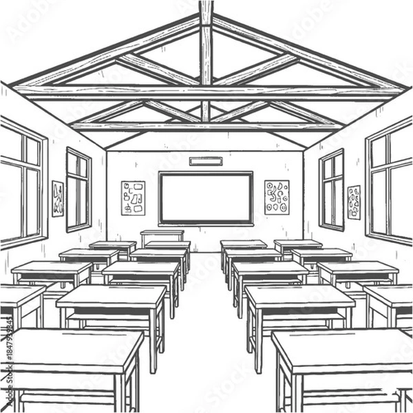Obraz Empty Classroom Interior with Desks and Blackboard Hand-drawn