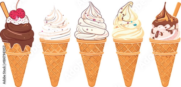 Fototapeta Set of Premium Ice Cream Cones with Melting Chocolate Syrup and Red Cherries