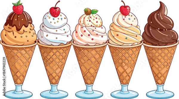 Fototapeta Gourmet Ice Cream Cones with Chocolate Glaze Sprinkles and Cherry Toppings on Top