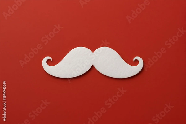 Obraz White paper mustache cutout placed on a vibrant red background, creating a playful and whimsical atmosphere, perfect for festive occasions and creative projects