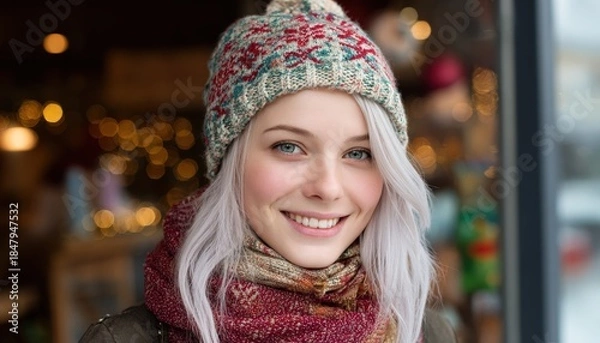 Obraz Young woman with light hair wearing knitted winter apparel smiles warmly outdoors near illuminated storefront
