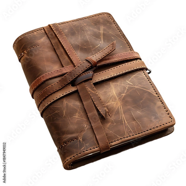 Obraz Brown Leather Notebook With Strap Isolated On Transparent Background