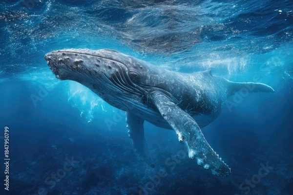 Fototapeta Underwater whale, vibrant blue water