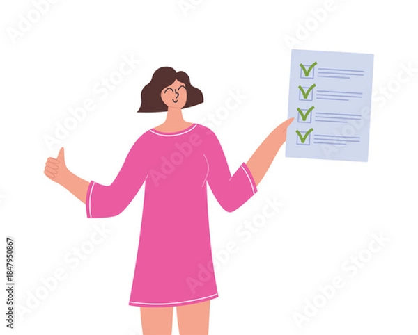 Obraz Happy smiling woman holds a checklist with green check marks. Concept of successful to do list, done job, checklist. Flat style vector illustration