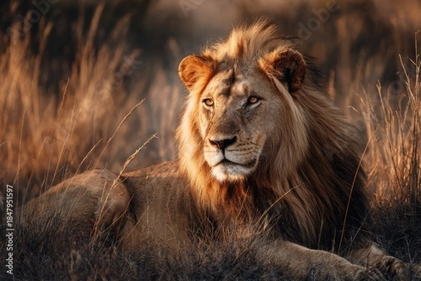 Fototapeta Majestic lion in golden savanna light