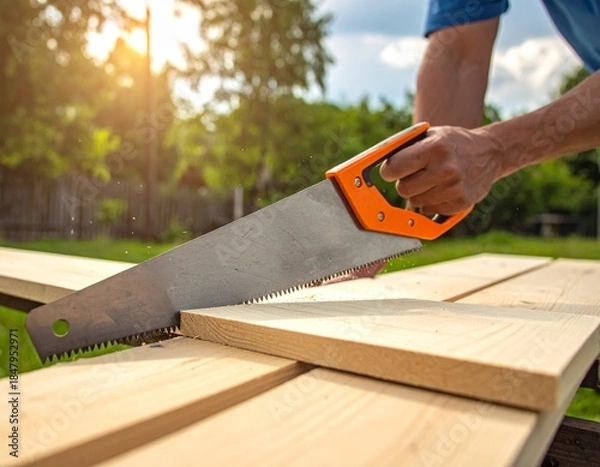 Obraz 日中の外でノコギリで木材の板を切っている