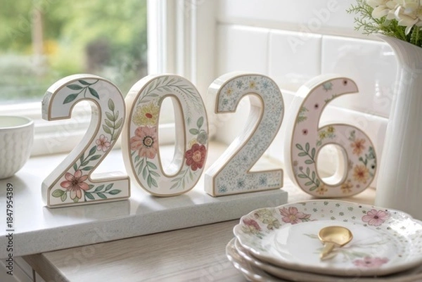 Obraz Decorative Wooden Numbers Featuring Floral Patterns