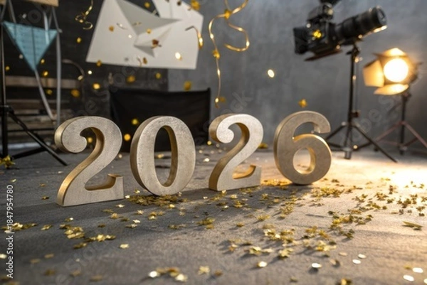 Obraz Metallic Gold Confetti Sprinkled Over Numbers With Studio Lighting And Bokeh Background