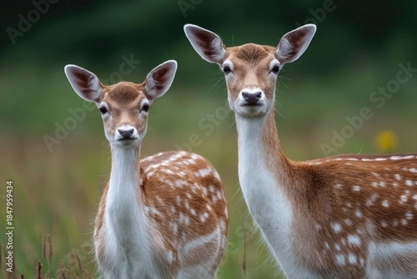 Fototapeta Two fallow deer, close-up, facing forward