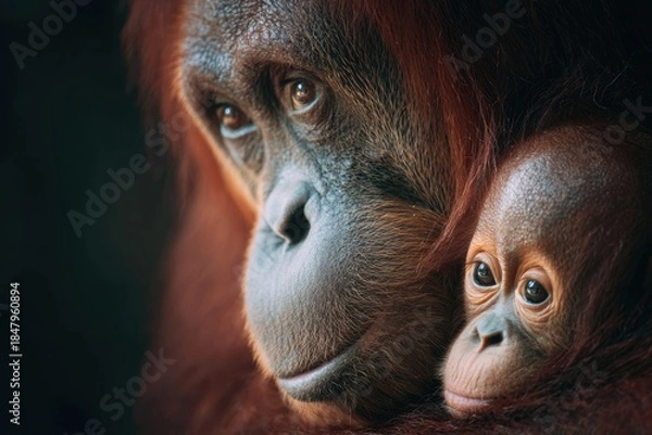 Fototapeta Close-up of orangutan mother and infant