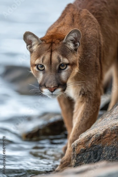 Fototapeta Close-up of a cougar near water