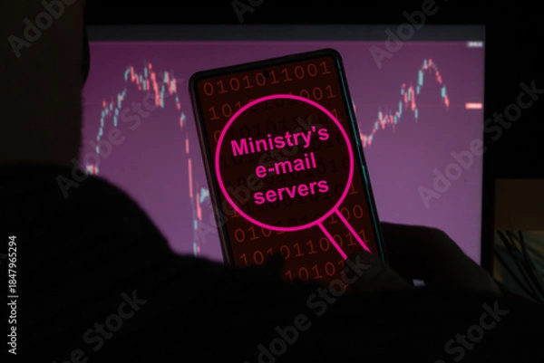 Obraz Hacker analyzing the ministry's email servers datas.