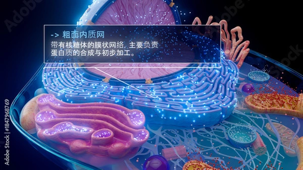 Fototapeta 中文粗面内质网与核糖体的 3D 插图