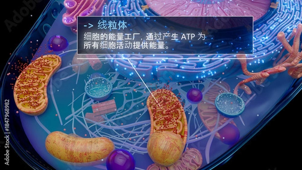 Fototapeta 线粒体产生细胞能量的中文 3D 插图