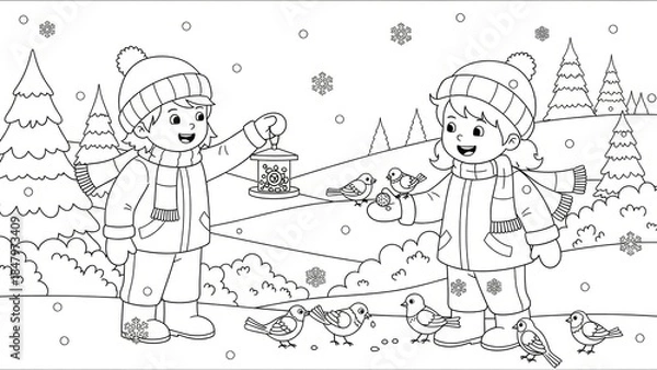 Fototapeta Children Feeding Birds in a Snowy Winter Forest Scene with Joyful Expression