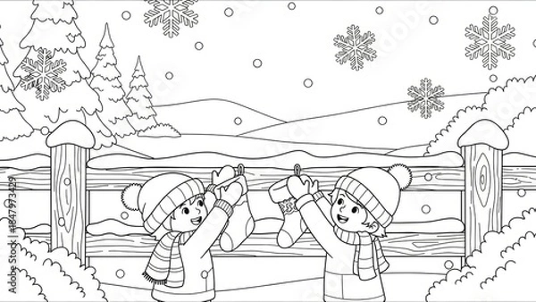 Fototapeta Children Enjoying Winter Snowfall Behind Wooden Fence in Playful Scene