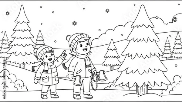 Fototapeta Children Exploring Snowy Forest with Christmas Trees and Winter Nature Scene