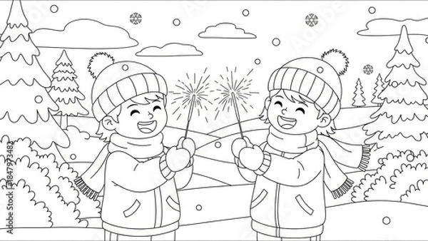 Fototapeta Joyful Children Playing in Snow with Fireworks and Winter Trees