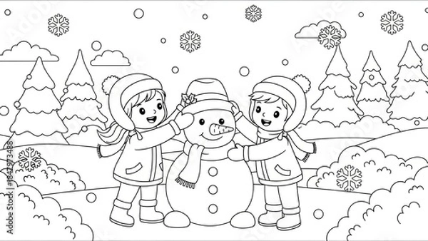 Fototapeta Children Building a Snowman in a Winter Landscape with Trees and Snowflakes
