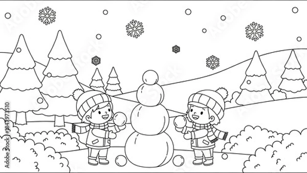 Fototapeta charming winter scene with children building a snowman among snow-covered