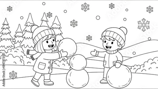 Fototapeta Children Building Snowmen in a Winter Landscape with Snowflakes and Pine Trees