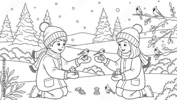 Fototapeta children playing and feeding birds in snowy winter landscape with evergreen