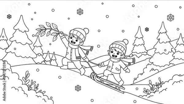 Fototapeta Joyful children sledding through snowy winter landscape with pine trees