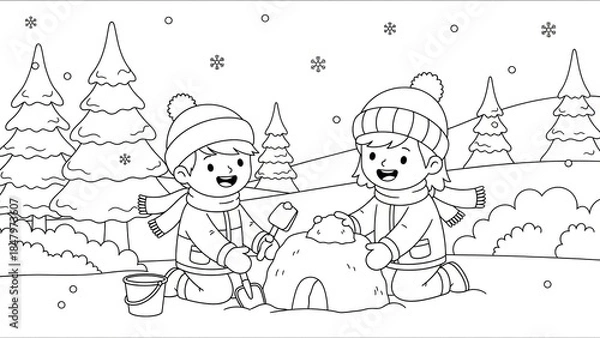 Fototapeta Children Building a Snowman in a Winter Landscape with Pine Trees and Falling