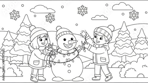 Fototapeta Children building a snowman and decorating with festive lights in winter