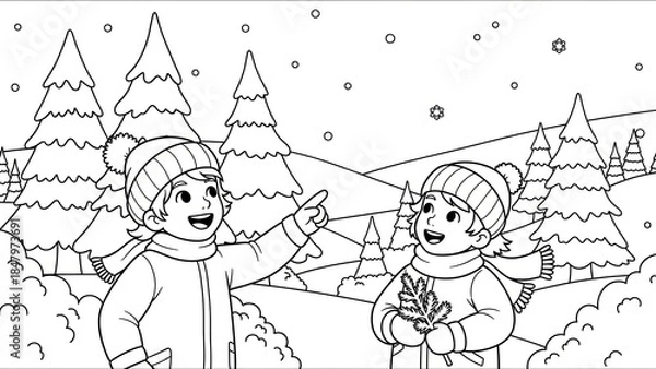 Fototapeta Joyful children exploring a snowy winter landscape with pine trees and festive