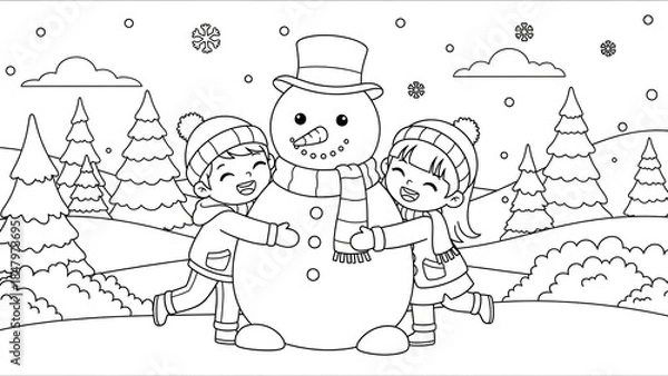 Fototapeta Joyful children building a snowman in a winter landscape with pine trees and