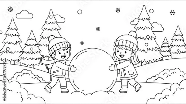 Fototapeta Children Building a Snowman in a Winter Forest Clearing During Snowfall