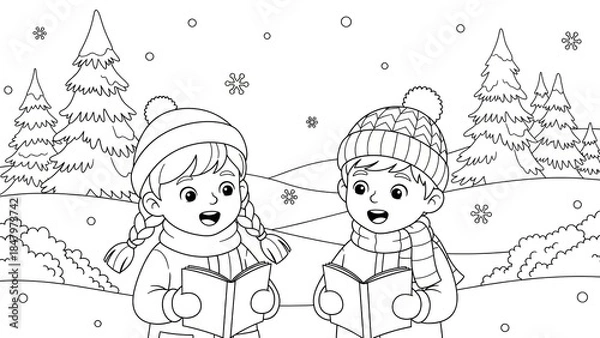 Fototapeta Children Reading Books in a Winter Forest Scene with Snow and Pine Trees