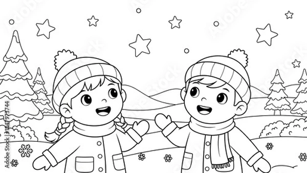Fototapeta Joyful children playing in a snowy winter landscape with trees and stars