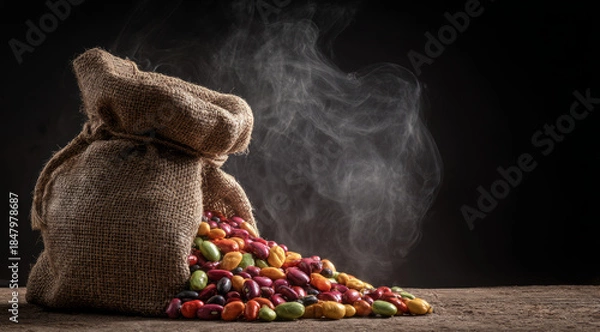 Obraz Burlap sack, colorful bean, steam, rustic, food, bag on wooden table